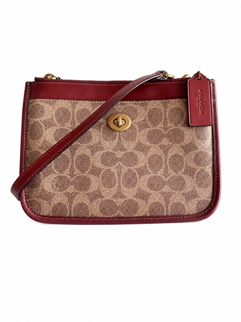 COACH Slim Brown Signature Canvas Turnlock Crossbody